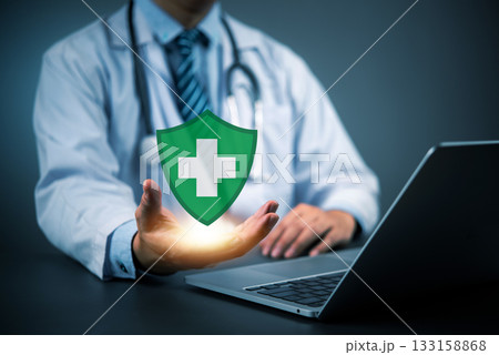 Healthcare protection concept with doctor displaying virtual shield, management secure medical insurance, data safety, and modern health security systems.digital health insurance services Healthcare protection concept with doctor displaying virtual shield, management secure medical insurance, data safety, and modern health security systems.digital health insurance services 133158868