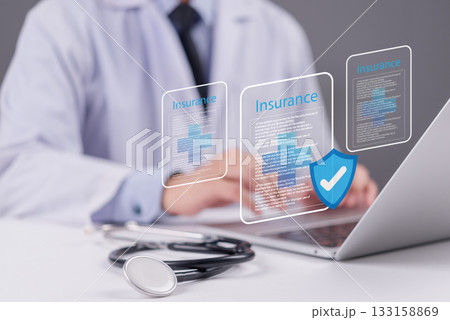 Health insurance concept with digital document interface and shield icon, smart insurance, and secure patient information.Healthcare data management Health insurance concept with digital document interface and shield icon, smart insurance, and secure patient information.Healthcare data management 133158869