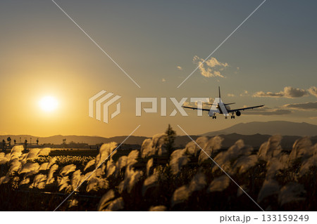 夕暮れの仙台空港　着陸中の飛行機　宮城県名取市 133159249