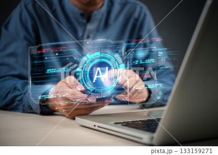 User holding smartphone with futuristic AI innovation interface hovering above, representing artificial intelligence, automation, and smart system integration. User holding smartphone with futuristic AI innovation interface hovering above, representing artificial intelligence, automation, and smart system integration. 133159271
