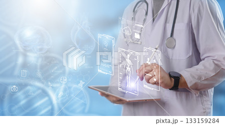 Concept innovative healthcare technology, AI, and digital medical data diagnostics smart hospitals. technology holographic brain scans, skeletal systems, and medical icons.health cloud telemedicine. Concept innovative healthcare technology, AI, and digital medical data diagnostics smart hospitals. technology holographic brain scans, skeletal systems, and medical icons.health cloud telemedicine. 133159284