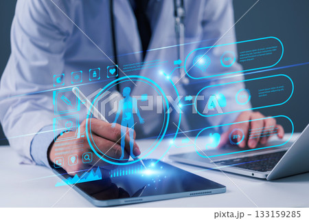 doctor using technology telemedicine healthcare on tablet analysis health data. digital innovative medical diagnostics technology and AI. smart hospital 133159285