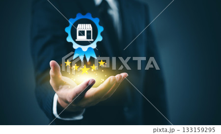 Businessman five star rating and store icon blue ribbon. Concept of brand trust, quality assurance, and excellence and customer satisfaction ecommerce top rated service digital business environment. Businessman five star rating and store icon blue ribbon. Concept of brand trust, quality assurance, and excellence and customer satisfaction ecommerce top rated service digital business environment. 133159295