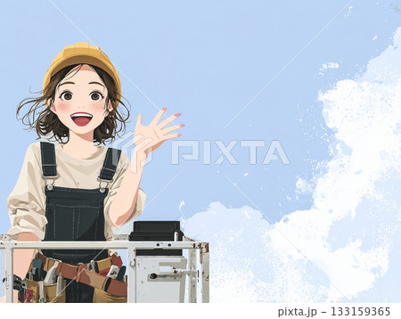 美優シリーズ：：高所作業車と青空、明るい笑顔の女性エンジニア 133159365
