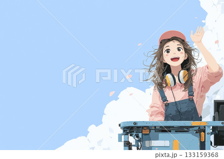 美優シリーズ：：高所作業車と青空、明るい笑顔の女性エンジニア 133159368