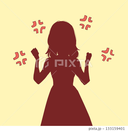 両手で握りこぶしを作り怒っている女性　ムカつきマーク　シルエット 133159401
