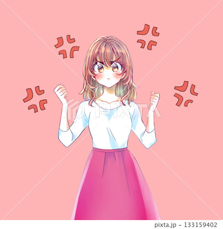 両手で握りこぶしを作り怒っている女性　ムカつきマーク 133159402