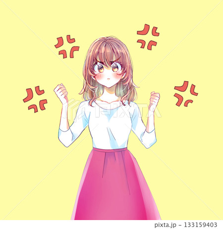 両手で握りこぶしを作り怒っている女性　ムカつきマーク 133159403