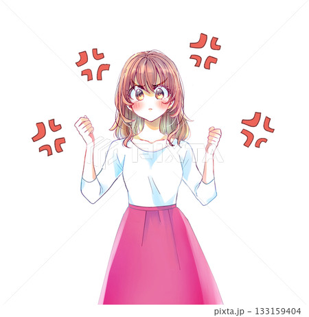 両手で握りこぶしを作り怒っている女性　ムカつきマーク 133159404
