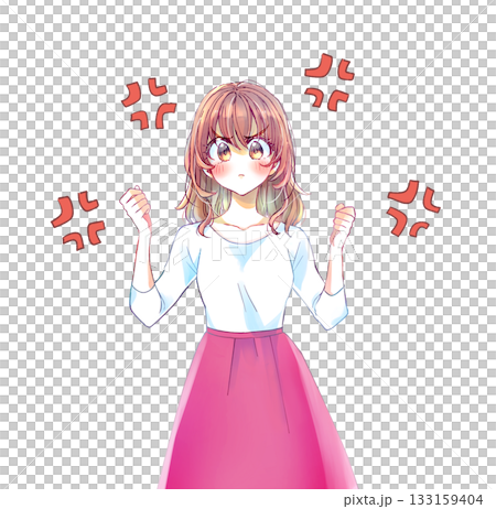 両手で握りこぶしを作り怒っている女性　ムカつきマーク 133159404
