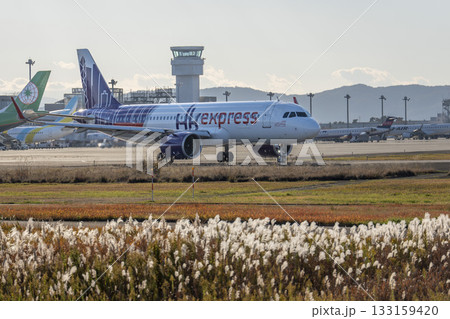 夕暮れの仙台空港　タキシング中の飛行機　宮城県名取市 133159420