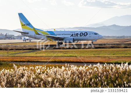 夕暮れの仙台空港　タキシング中の飛行機　宮城県名取市 133159421