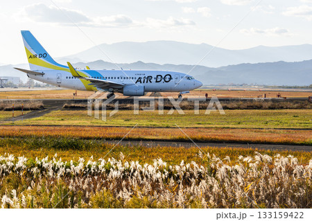 夕暮れの仙台空港　タキシング中の飛行機　宮城県名取市 133159422