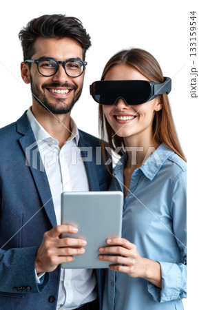 VR Headset Tablet Technology Smiling modern couple exploring virtual reality and digital tech with a tablet on white background Vertical video 133159544