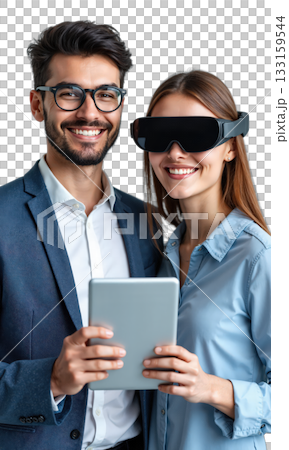 VR Headset Tablet Technology Smiling modern couple exploring virtual reality and digital tech with a tablet on white background Vertical video 133159544