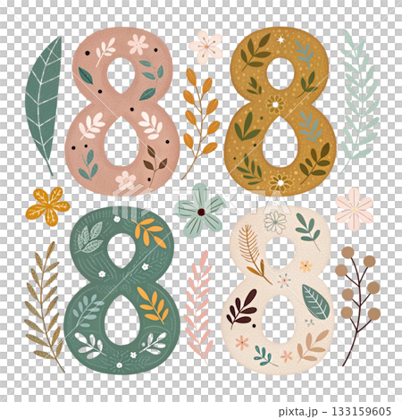 alphabet letters Number each letter in different color with floral and leaf patterns inside Scandinavian boho vector style 133159605