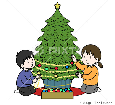 クリスマスツリーの片付け・飾り付けをするイラスト クリスマスツリーの片付け・飾り付けをするイラスト 133159627