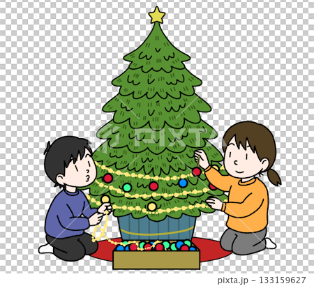 クリスマスツリーの片付け・飾り付けをするイラスト クリスマスツリーの片付け・飾り付けをするイラスト 133159627