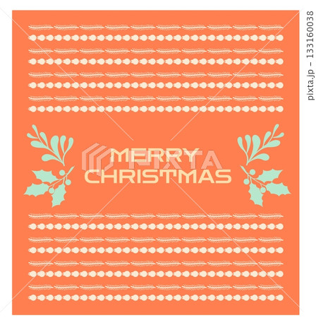 A playful holiday card featuring "MERRY CHRISTMAS" text layered over a classic, textured "ugly sweater" knit pattern in warm orange, red, and beige tones, accented with minimalist holly elements. 133160038