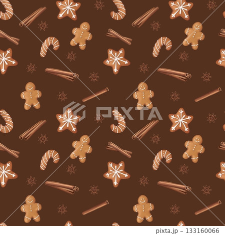 Seamless pattern Illustration with hand-drawn gingerbread cookies, candy canes, and cinnamon sticks scattered on a rich brown background. Design for holiday wrapping paper, festive textile, or cozy 133160066