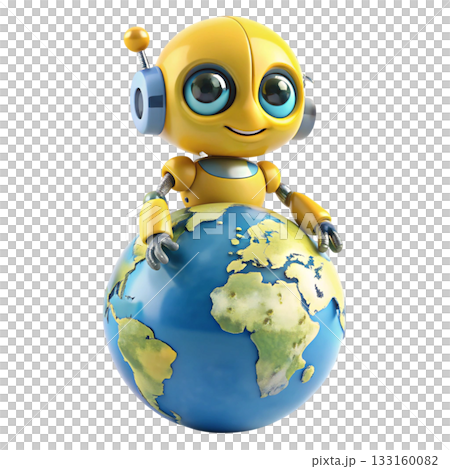 Cute Yellow Robot on a Giant Globe 133160082