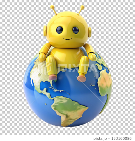 Cute Yellow Robot on a Giant Globe 133160086