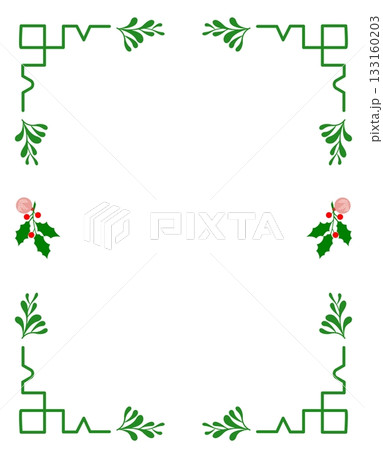 A very simple, clean line-art style Christmas border template featuring minimal green botanical elements (holly, leaves) placed decoratively in the four corners of the frame. A very simple, clean line-art style Christmas border template featuring minimal green botanical elements (holly, leaves) placed decoratively in the four corners of the frame. 133160203