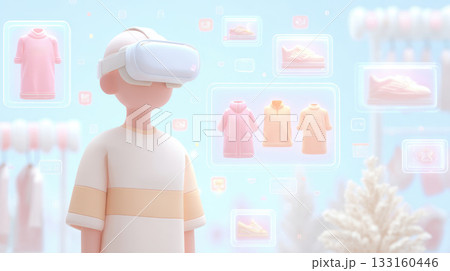 Virtual reality user exploring digital shopping experience with colorful clothing items displayed, embodying modern retail trends during Black Friday Virtual reality user exploring digital shopping experience with colorful clothing items displayed, embodying modern retail trends during Black Friday 133160446