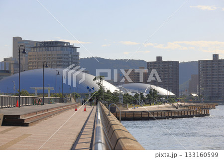 サンポート高松のあなぶきアリーナ香川を玉藻防波堤から見る サンポート高松のあなぶきアリーナ香川を玉藻防波堤から見る 133160599