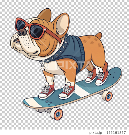 bulldog riding a skateboard wearing red cap sideways and sunglasses 133161857