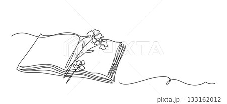 One Line Drawing of Open Book with Flowers. Romantic Minimalist Illustration 133162012