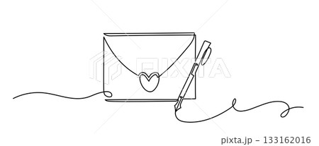 One Line Drawing of Love Letter Envelope with Pen. Romantic Minimal Art 133162016