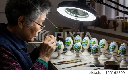 Asian elderly woman artist painting detailed miniature landscape scenes on white eggs under magnifying lamp in workshop studio 133162299