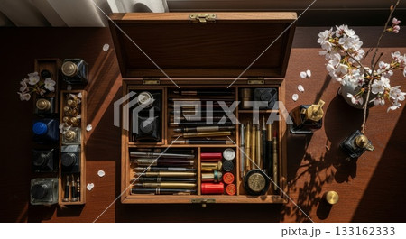 Vintage wooden calligraphy writing set with fountain pens ink wells wax seals and cherry blossom branches on rustic desk surface 133162333