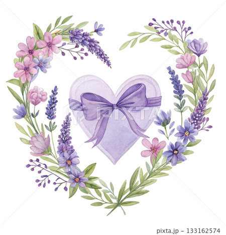 watercolor heart surrounded by pastel pink and white flowers 133162574