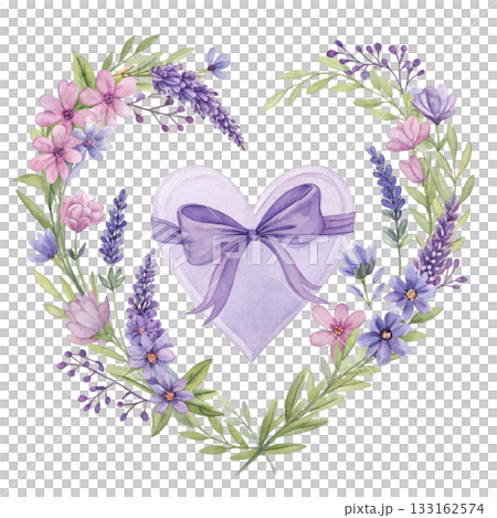 watercolor heart surrounded by pastel pink and white flowers 133162574