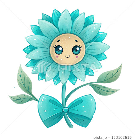 A cute watercolor sunflower character in pastel pink tones soft petals with gentle gradients smiling face with rosy cheeks 133162619
