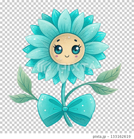 A cute watercolor sunflower character in pastel pink tones soft petals with gentle gradients smiling face with rosy cheeks 133162619