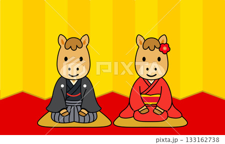 金屏の前で着物と袴を着て正座するかわいい馬の正月イラスト素材 133162738