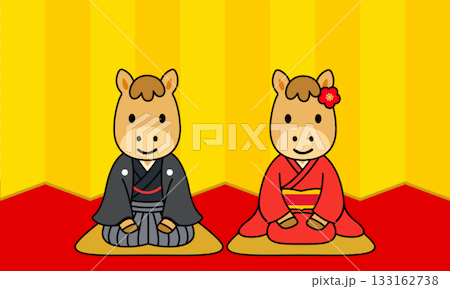 金屏の前で着物と袴を着て正座するかわいい馬の正月イラスト素材 133162738