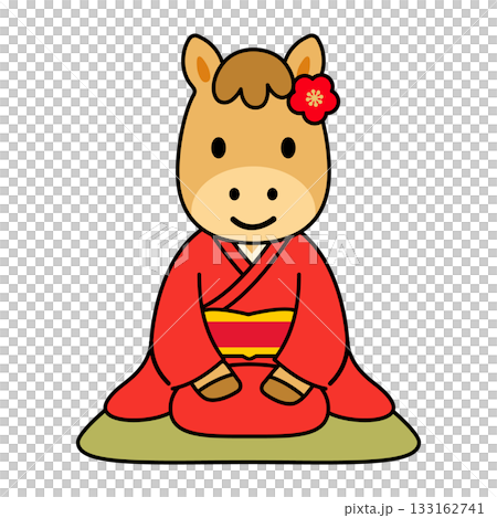 着物姿で正座する馬のミニマルイラスト（干支・お正月・新年あいさつ・祝い） 133162741