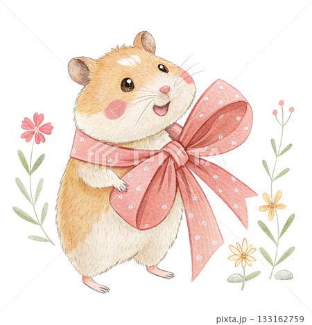 Cute minimal watercolor hamster standing upright holding a giant bow white background Cute minimal watercolor hamster standing upright holding a giant bow white background 133162759
