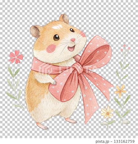 Cute minimal watercolor hamster standing upright holding a giant bow white background Cute minimal watercolor hamster standing upright holding a giant bow white background 133162759