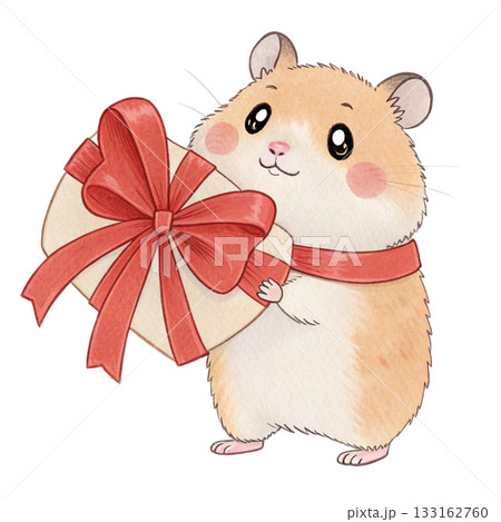 Cute minimal watercolor hamster standing upright holding a giant bow white background  133162760