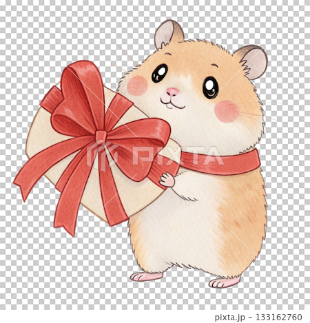 Cute minimal watercolor hamster standing upright holding a giant bow white background  133162760