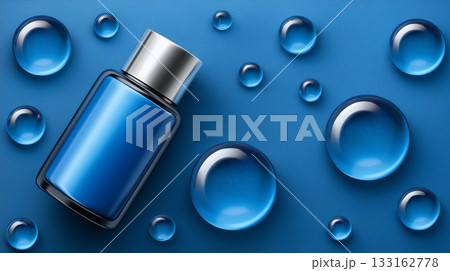 青い背景にボトルと透明な雫が散りばめられたスキンケア演出素材 133162778