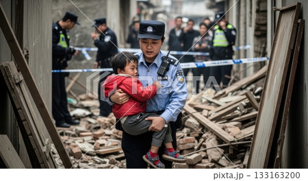 瓦礫の中から子供を抱えて救助する中国の女性警察官 133163200