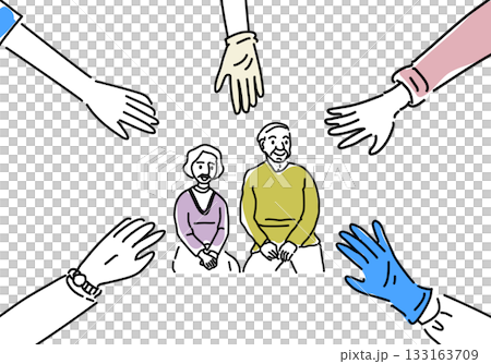 The hands of the elderly and those who support them 133163709