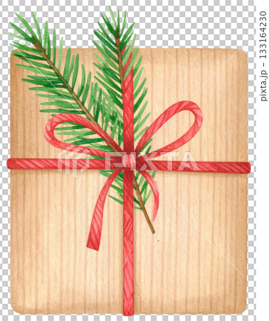 Gift box with natural decoration and festive red ribbon bow on wooden background Gift box with natural decoration and festive red ribbon bow on wooden background 133164230