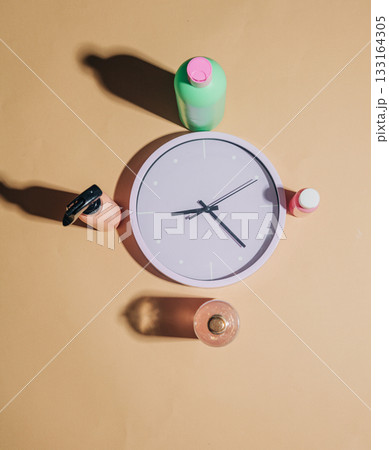 Wall clock with cosmetic jars symmetrical arrangement 133164305